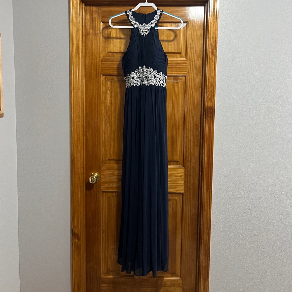 Betsy & Adam Navy Blue Halter Prom Dress